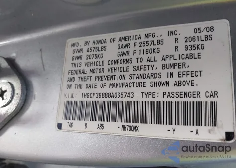 2008 Honda Accord Exl from USA, damaged, VIN 1HGCP36888A065743
